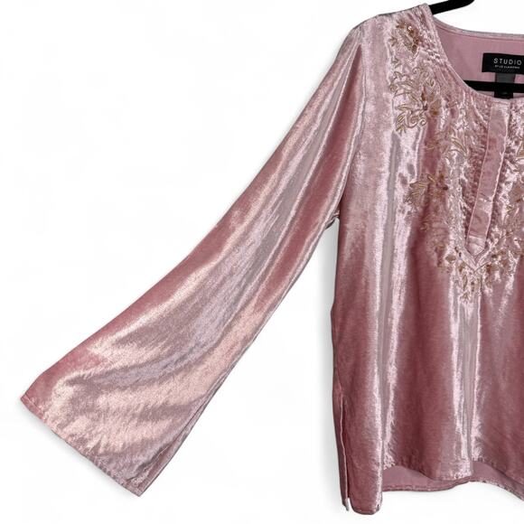 Liz Claiborne Pink Velvet‎ Tunic Top L Boho Fairycore Whimsy Glam Embroidered - Picture 2 of 10